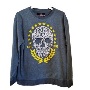 Ecko Unltd Mens Skull Graphic Crewneck Pullover Shirt Blue Marled Cotton Large